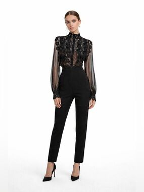 Self-Portrait Black Sheer Lace High-Waist Straight Leg Jumpsuit